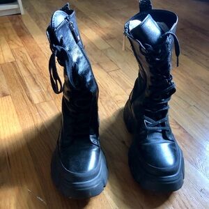 Black leather mid calf Moto combat biker boots zip lace Size 41 men 8 women 9.5